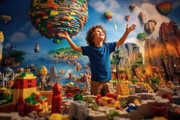 Joyous moment of a kid engrossed in play, creating a world of wonder with vibrant and colorful lego pieces, AI generated - obrazy, fototapety, plakaty
