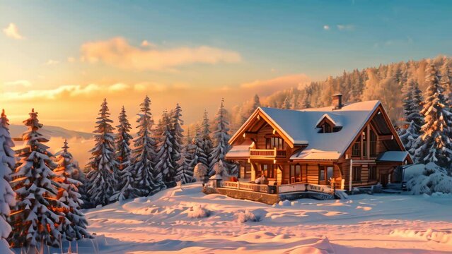 house at winter landscape. 4k video animation