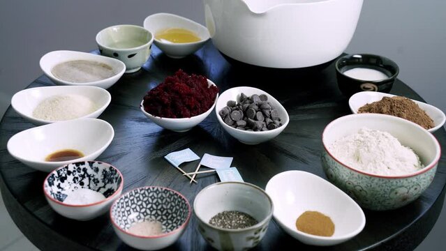 Slow zoom in of all ingredients to make red beet pulp chocolate muffins vday vegan version recipe