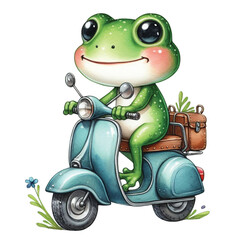 frog cute driving a motorcycle clipart watercolor 
