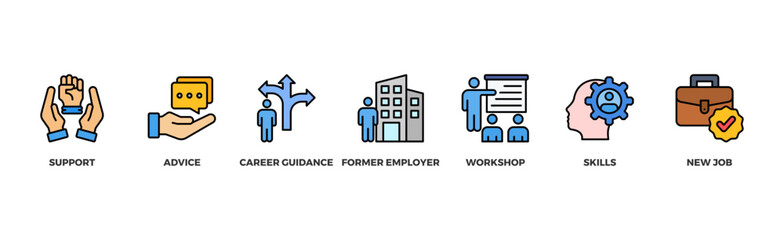 Outplacement banner web icon illustration concept with icon of support, advice, career guidance, former employer, workshop, skills, new job, training, and presentation