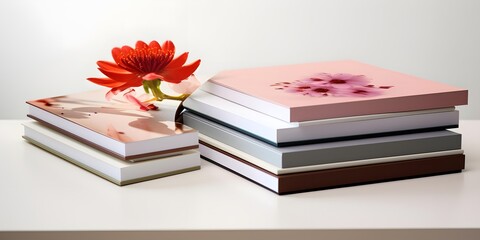 Composition with books and flower on table against white background. Banner