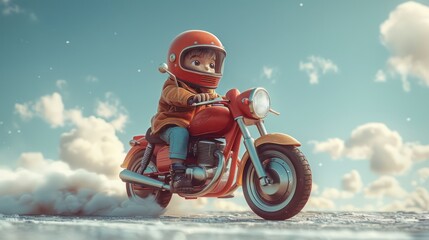 Fototapeta premium 3D cartoon a cute young boy wearing helmet, ridding retro classic motorbike 