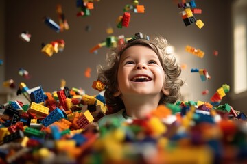 Kid play with lego pieces., Joyous moment of a kid engrossed in play, creating a world of wonder with vibrant and colorful lego pieces, Ai generated - obrazy, fototapety, plakaty