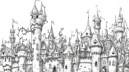 Obraz premium Drawn castle. Abstract, wealth, gate, fantasy, aqueduct, fairy tale, doodle, princess, fortress, knight, palace, tower, middle ages, king, prince, kingdom. Generated by AI