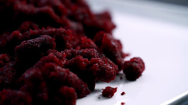 Beet pulp muffin close up of plate rotating vegan valentines day recipe sweet dessert