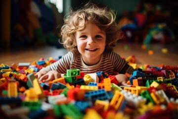 Kid play with lego pieces., Joyous moment of a kid engrossed in play, creating a world of wonder with vibrant and colorful lego pieces, Ai generated