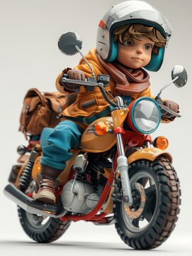 3D cartoon a cute young boy wearing helmet, ridding retro classic motorbike