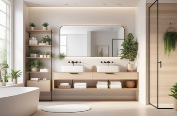 elegant and stylish interior of modern bathroom in natural wooden colours. High quality illustration