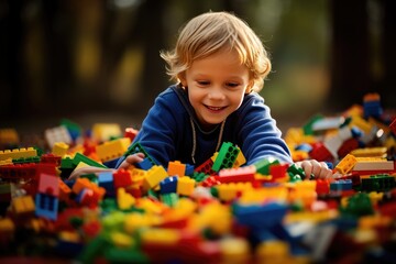 Fototapeta na wymiar Kid play with lego pieces., Joyous moment of a kid engrossed in play, creating a world of wonder with vibrant and colorful lego pieces, Ai generated