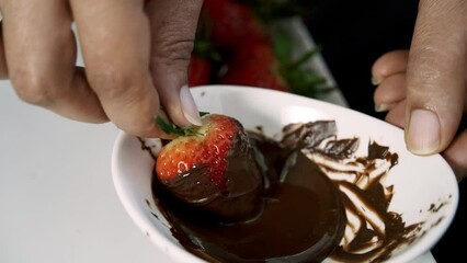 Rolling strawberries in melted chocolate in a small white bowl vegan valentines day chocolate beet muffins