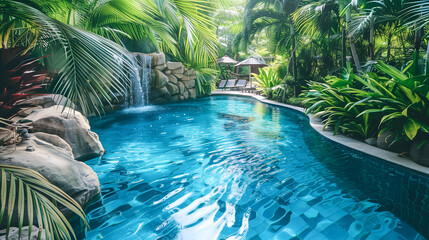 Secluded pool oasis with waterfall, surrounded by lush tropical foliage for serene summer backgrounds. - obrazy, fototapety, plakaty
