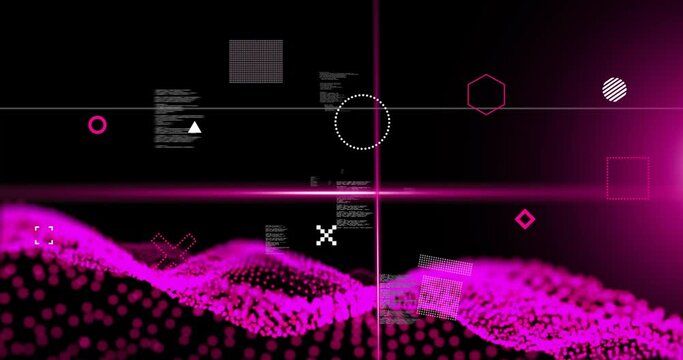 Animation of rotating shapes, pink scanner beams and network waves over processing data, on black
