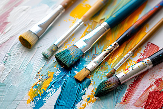 Assorted paint brushes with vibrant bristles on a textured painted background. Artistic tools concept. Design for art workshop poster, banner, and creativity-themed backgrounds.