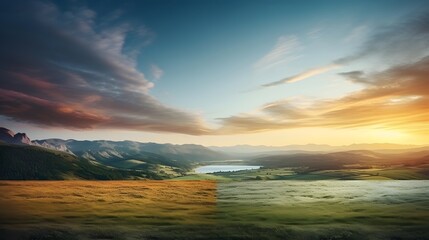 Fototapeta na wymiar Beautiful sunset over the lake. Nature composition. Panoramic image.