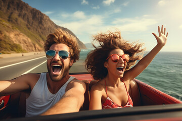 Young happy couple wearing glasses and driving in convertible car while having fun and enjoying summer vacation.
