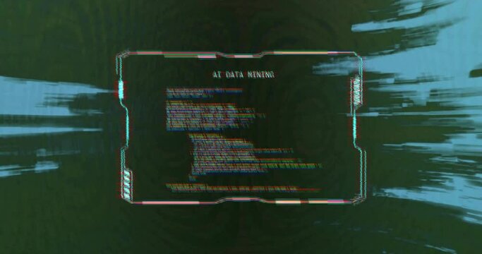 Animation of glitching interface ai data mining and blue lights on dark background