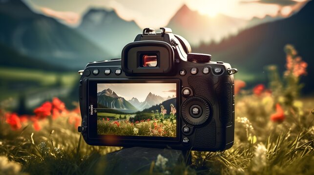 Digital camera on the background of beautiful mountain landscape. Travel concept.