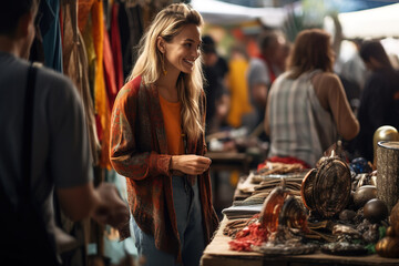 Young smiling woman standing and selling goods on flea market. Blonde positive woman working as seller on outdoor marketplace.