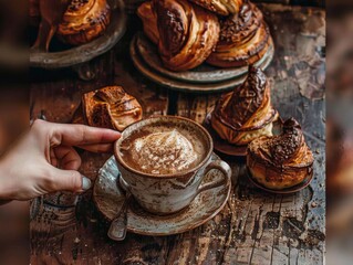 Fototapeta premium Close-up of a hand holding a steaming cup of coffee with delicious pastries in the backdrop, at a rustic cafe setting.