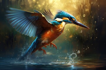 Kingfisher catching a fish in a river, European kingfisher (alcedo atthis) flying  from water with caught fish, Ai generated - obrazy, fototapety, plakaty