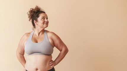 chubby overweight plus size big fat fit woman wear top warm up training stand isolated on beige background studio. Workout sport motivation concept