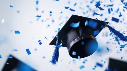 Greeting card banner, Graduation mortarboard cap and blue confetti for ceremony messages