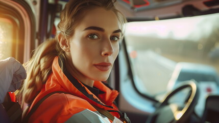 Young woman , a paramedic, sitting in an ambulance. She is looking at the camera with a confident expression, smiling, carrying a medical trauma bag on her shoulder