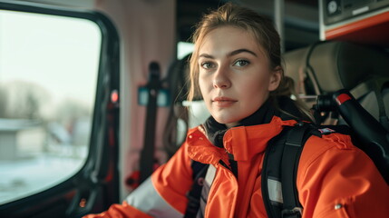 Fototapeta na wymiar Young woman , a paramedic, sitting in an ambulance. She is looking at the camera with a confident expression, smiling, carrying a medical trauma bag on her shoulder
