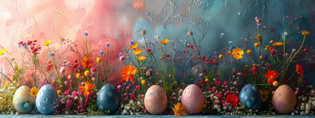 Colored Easter eggs with flowers on blue and red background . seasonal, religious holiday concept. Spring card. copy space.
