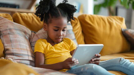 African American Girl Child playing on tablet pc on the sofa at home