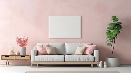 Modern living room interior with white sofa and pink wall mockup, 3d render