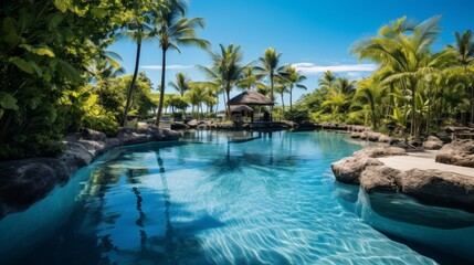 Fototapeta na wymiar Tropical paradise with a crystal clear pool surrounded by lush palm trees