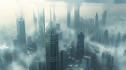 Cityscape with skyscrapers in the fog. Modern, skyline, downtown, architecture, buildings, metropolis, city lights, business district. Generated by AI