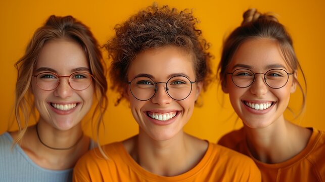 Three happy women in glasses smiling together at a social event