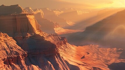 Naklejka premium Desert sandy landscape. Camel, lizard, oil, temperature, moisture, rock, gorge, excavations, oasis, heat, mirage, thirst, cactus, caravan, Bedouin, water, dune, sun. Generated by AI