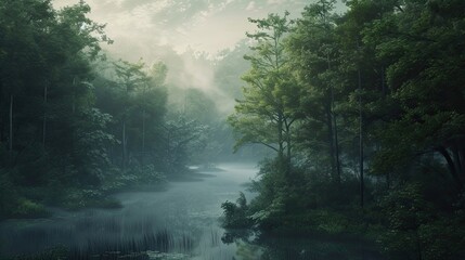 Swamp landscape in the fog. Mysticism, river, trees, forest, humidity, quagmire, quicksand, reeds, nature reserve, mystery, silence, darkness, greenery. Generated by AI - obrazy, fototapety, plakaty