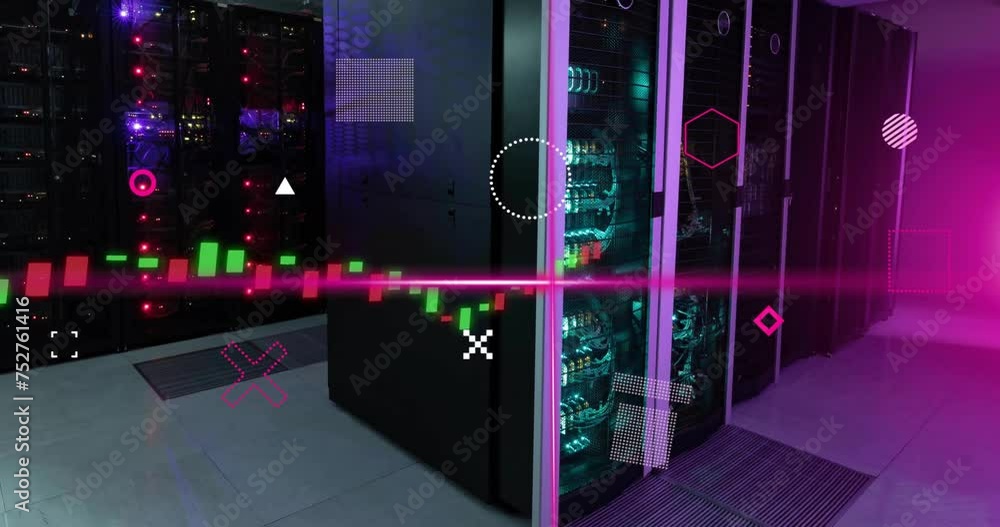 Poster animation of pink scanner beams, rotating shapes and graph processing data over server room