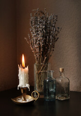 Lavender flowers and burning candle - 752761467