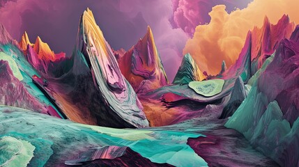 Abstract colorful mountains. Canyon, hypnosis, sleep, fantasy, spiritual practice, trip, psychedelic, grotto, cape, abyss, depth, ravine, echo, cliff, river. Generated by AI