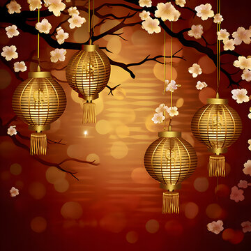 Japanese or Chinese Golden Background with Lanterns and Sakura