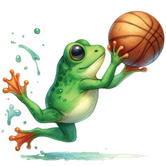 frog cute holding a basketball ball  clipart watercolor 