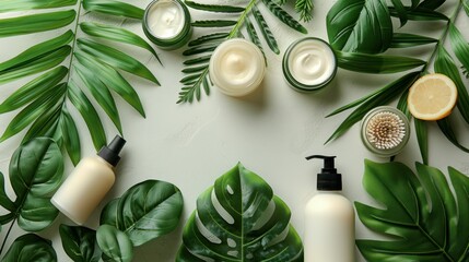 Cruelty-free beauty products made with natural ingredients and no animal testing, showcased with green leaves. - obrazy, fototapety, plakaty