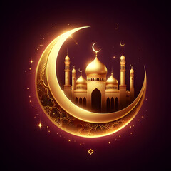 Golden crescent moon with mosque, Islamic holiday design, isolated a dark pink background, Celebrating Ramadan, Moon, and Stars