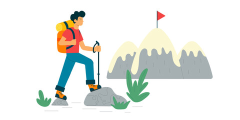Man is climbing a mountain. Hiking and trekking in nature. Vector illustration