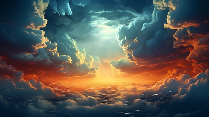 Surreal cloudscape with sun rays breaking through the clouds