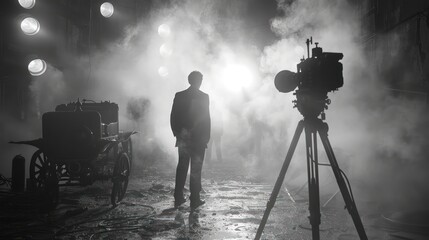 Fototapeta premium Silhouette of film crew, in the studio. Behind the scene of film production.