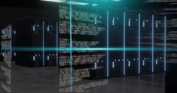 Animation of blue scanner beams and data processing over dark computer servers, on black