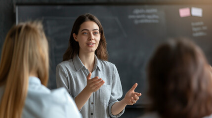 Confident woman delivering a presentation at a lesson or conference.