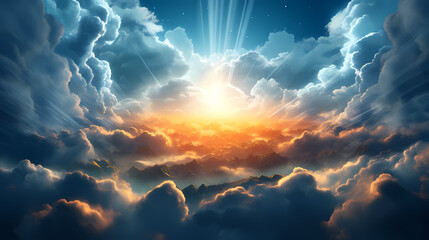 Surreal cloudscape with sun rays breaking through the clouds